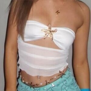New Starfish Sheer Panel Crop Top White Medium